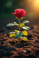 Poster - A vibrant red rose emerging from dark soil illuminated by warm light symbolizing resilience