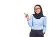 © Sewupari Studio - Portrait of smiling young Asian woman pointing finger at copy space isolated on transparent background