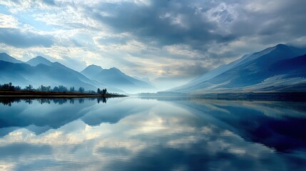 Fototapete - Serene Lake Reflecting Mountains and Sky Offers a Peaceful Escape Into Nature and Tranquility for Meditation and Reflection Generative AI