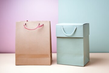 Aufkleber - Shopping Accessories Displayed in Pastel Colors Featuring a Paper Bag and a Cardboard Box Generative AI