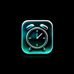 Poster - Neon Glow Alarm Clock App Icon on Black Background - Modern Timekeeping Interface