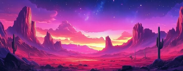 Wall Mural - in a modern, flat style, a serene landscape is illustrated, featuring a neon desert with glowing cac