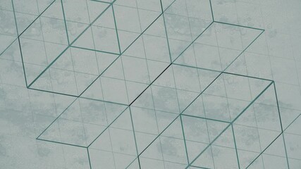 Fototapete - Dynamic seamless loop animation of a symmetrical pattern of rectangles transformed into abstract structures on a grid of diamonds. Gray background emphasizes the symmetrical composition. 3d rendering