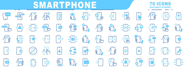 Wall Mural - big set of smartphone related filled line icons. device, message, phone, call, app, screen etc. edit