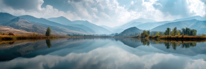 Fototapete - Tranquil Lake Reflects Majestic Mountains and Serene Sky, Creating a Meditative Atmosphere for Reflective Travel Generative AI