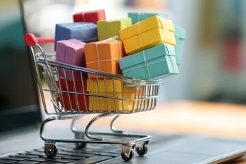 Poster - Colorful Shopping Cart Filled With Gift Boxes on Checkout Page During Online Shopping Experience Generative AI