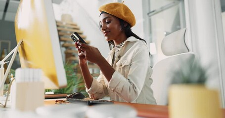 Aufkleber - Office, creative agency and businesswoman with mobile for text, article review and chat to source. Thinking, female person and journalist with phone for news web, story feedback and message contact
