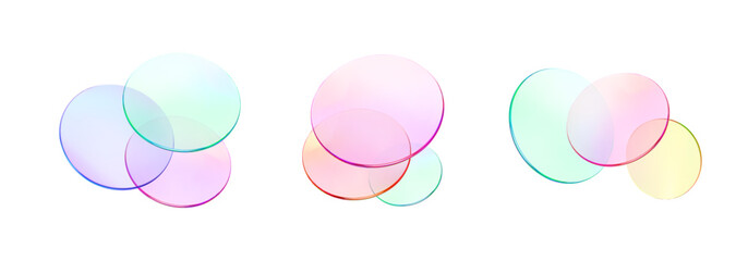 Wall Mural - set 3d glass round shape icon. transparent circle podium, plate, disk, lens flying. abstract color c
