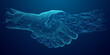 © AntonKhrupinArt - Digital partnership concept. A man and an AI robot engaging in a handshake. Abstract technology blue background. Great for a web banner or a presentation bg. Tech vector illustration.