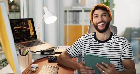 Leinwandbilder - Man, face and tablet with smile at startup, review or scroll with application for job with web traffic. Person, social media marketing and happy in portrait, results and feedback at office in Mexico