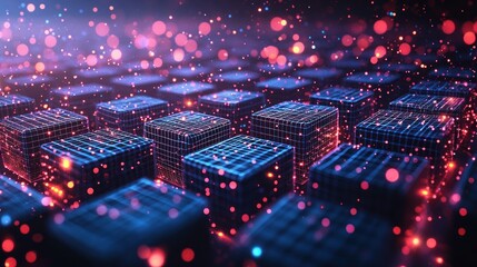 Wall Mural - abstract cubes in a digital grid with sparkling lights