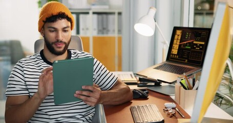 Aufkleber - Man, trader and tablet with internet in office, review or fintech app for stock market stats. Male person, touchscreen and digital nomad with graphs, happy and check results for crypto investing