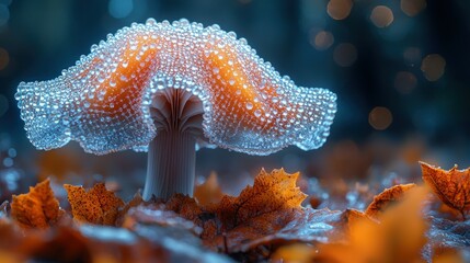 Wall Mural - Dew-kissed mushroom in autumn leaves, bokeh light background