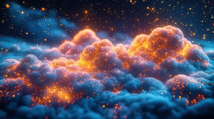 Wall Mural - Ethereal glowing clouds in dark blue sky, shimmering light
