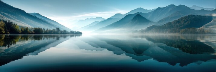 Fototapete - Serene Lake Reflecting Mountains and Sky Creates a Tranquil Atmosphere for Meditation and Relaxation in Nature Generative AI