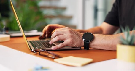 Aufkleber - Business person, hands and typing with laptop for journalism, copywriting or research at office desk. Closeup, employee or journalist with computer for report, email or online article at workplace