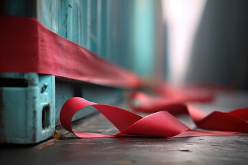 Fototapete - Cargo Ship Wrapped in Red Tape Symbolizes Trade Restrictions and Global Supply Chain Challenges Generative AI