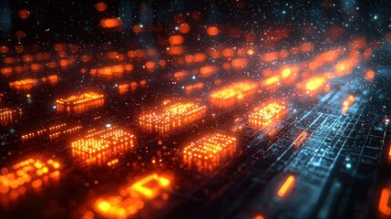 Wall Mural - glowing nodes form grid with bokeh in a high tech setting