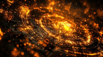Wall Mural - glowing orange circuit board with bokeh effect