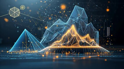 Futuristic digital mountain range illustration with data visualization and glowing particles