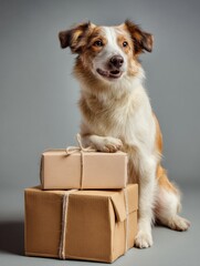 Poster - Playful Dog Joyfully Perched on Colorful Delivery Packages in a Charming Indoor Setting During Daytime Generative AI