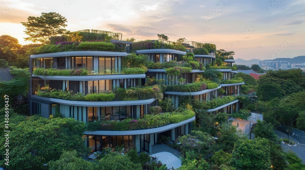 Image showcasing eco-friendly residential building with living green walls, rooftop ...