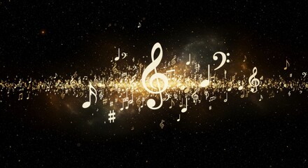 Wall Mural - Golden musical notes distributed across a dark cosmic expanse.