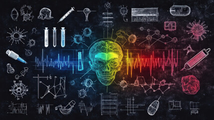 Fototapete - Colorful digital illustration of human skull surrounded by scientific and medical symbols, including DNA strands, syringes, and molecular structures, set against dark background