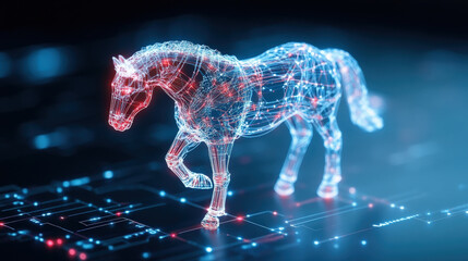 Leinwandbilder - Digital hologram of horse, composed of glowing red and blue lines, stands against futuristic, technology themed background. image conveys sense of innovation and modernity