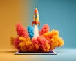 © Руслан Хайруллин - Vintage rocket toy takes flight from a sleek tablet in a vibrant explosion of color, blending nostalgia with modern technology