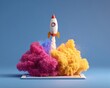 © Руслан Хайруллин - Vintage rocket toy launches from a modern tablet screen, blending retro aesthetics with futuristic technology in a vibrant explosion of color