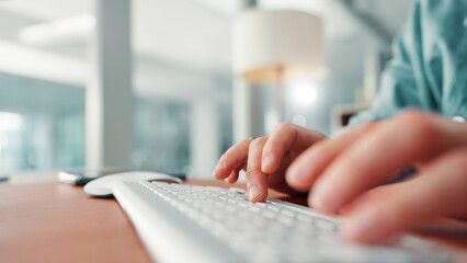 Fototapete - Hands, keyboard and typing with writer at desk, story draft or article writing with person in workplace. Closeup, computer and copywriting, review or email feedback with employee in publishing
