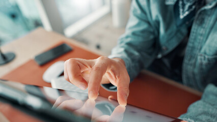 Aufkleber - Hands, business man and touch tablet for internet connection for networking, communication or media. Employee, person and technology for closeup, search and planning online with digital ui or ux