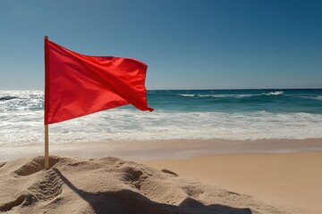 bright red warning flag stands tall on sandy beach with rolling waves in clear blue sky during midda