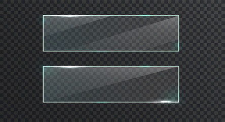 Transparent banners with reflections. Realistic transparent glass window in rectangle frame
