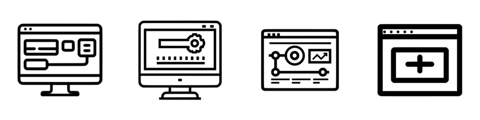 Vector illustration icons showcasing various computer interface elements for web development and design tasks