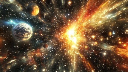 Wall Mural - a 3d animated sequence of a spaceship traveling through a galaxy, with stars, nebulae, and planets p