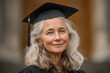 © Helena GARCIA - Una anciana de cabello canoso sonríe orgullosa con un birrete negro de graduación  representando el éxito académico, la sabiduría y la alegría. fondo al aire libre desenfocado