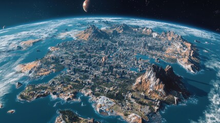 Wall Mural - 3d earth rendered with high detail, highlighting urban areas and natural wonders like mountains, oce