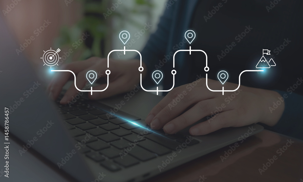 Business and Project Roadmap Concept. Typing on a laptop with roadmap ...