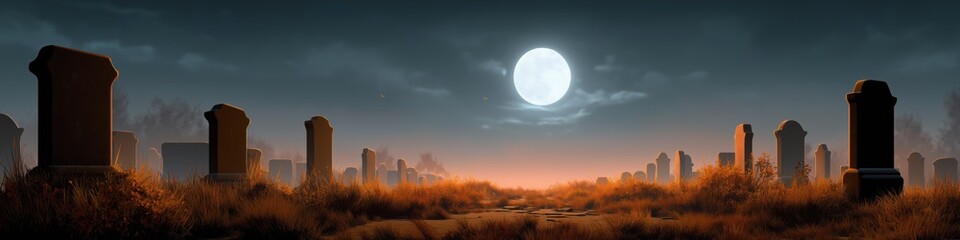 Wall Mural - A graveyard with a large moon in the sky. The moon is reflecting on the gravestones. The graveyard is empty and quiet