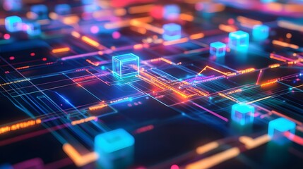 Colorful, abstract digital network design with glowing cubes.