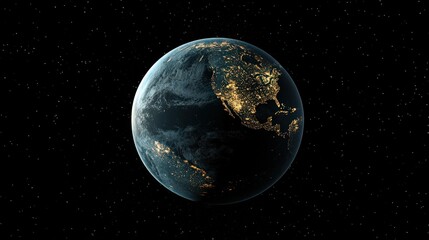 Wall Mural - earth with glowing cities at night, surrounded by a dark expanse of space, with a view of the planet