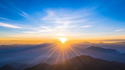 Aufkleber - Majestic sunrise over layered mountain ranges, showcasing vibrant orange and blue hues, with sun rays illuminating the landscape. : Generative AI