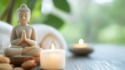 Poster - Serene Buddha statue meditating, flanked by lit candles and soft towels, creating a peaceful spa or wellness atmosphere. : Generative AI