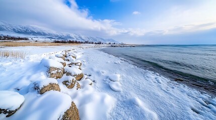 Poster - Snowy beach scene with a calm sea and distant snow-capped mountains under a partly cloudy sky.  A stone wall partially covered in snow runs along the shoreline. : Generative AI