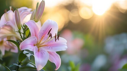 Poster - Close-up of a delicate pink lily flower, illuminated by the warm glow of a setting sun, with blurred background of other lilies and bokeh. : Generative AI