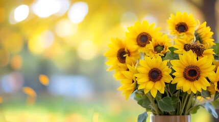 Poster - A vibrant bouquet of sunflowers sits in a vase, their bright yellow petals radiating warmth against a softly blurred autumnal background. : Generative AI