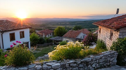 Poster - Sunset over a picturesque Balkan village, showcasing traditional stone houses with terracotta roofs, vibrant flowers, and a breathtaking mountain panorama. : Generative AI