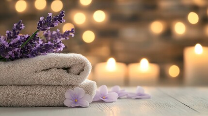 Aufkleber - Spa treatment concept: folded beige towels, lavender flowers, and soft candlelight create a relaxing atmosphere. : Generative AI